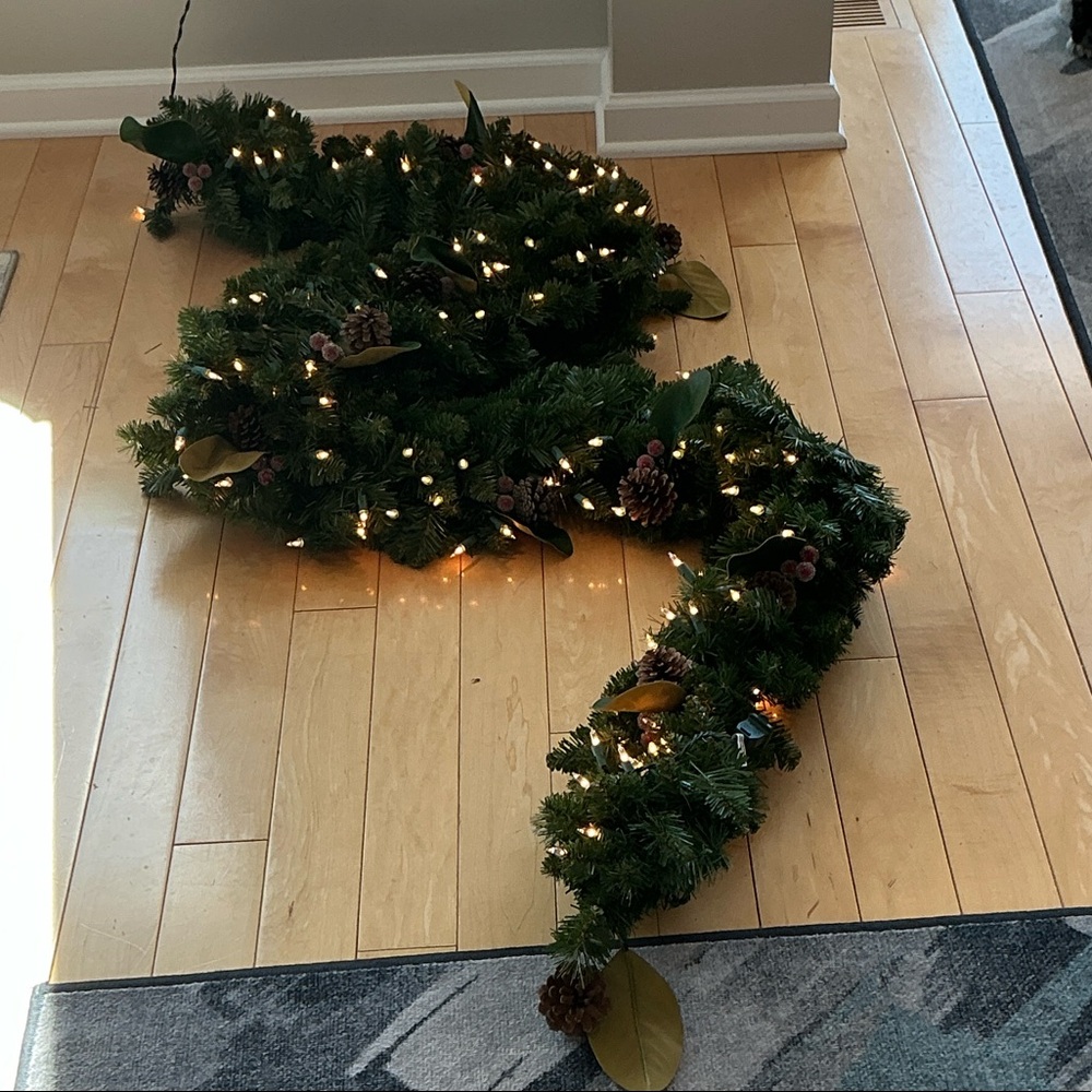 Pre-lit Green Holiday Garland with Pinecones and frosted berries - electric